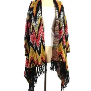 New Woven Heart Aztec Fringe Duster Open Cardigan Sweater Kimono Fringe Size